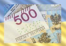 Na tle ukraińskiej flagi( niebiesko żółtej) leży plik banknotów, a na wierzchu nominał 500 złotych.