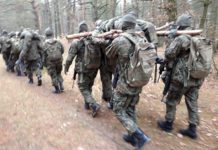 Ćwiczenia rezerwy 2022. Grupa żołnierzy w ubiorach polowych przemieszcza się przez las.