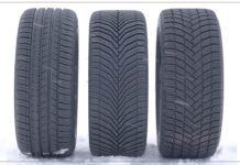 Opony sezonowe czy całoroczne Opony sezonowe czy całoroczne. Na białym tle stoją obok siebie trzy opony. Ustawione są bieżnikiem w kierunku patrzącego.