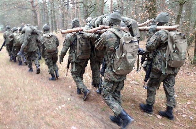 Ćwiczenia rezerwy 2022. Grupa żołnierzy w ubiorach polowych przemieszcza się przez las.