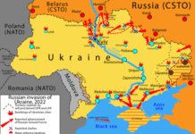 Na zdjęciu mapa zaatakowanej przez Rosję Ukrainy. Ukraińskie wojska zbliżyły się do granicy rosyjskiej