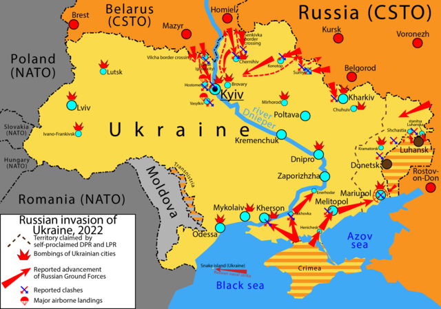 Na zdjęciu mapa zaatakowanej przez Rosję Ukrainy. Ukraińskie wojska zbliżyły się do granicy rosyjskiej