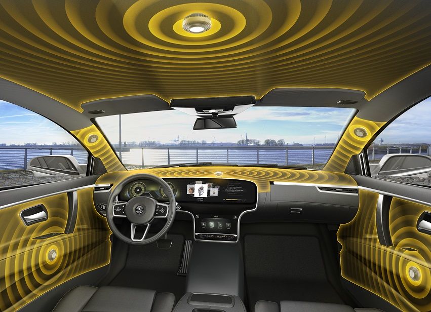 Bezgłośnikowy system nagłośnienia Car Audio. Ilustracja pokazuje rozmieszczenie przetworników elektromagnetycznych w konstrukcji samochodu. W dachu, drzwiach, słupkach A oraz desce rozdzielczej.