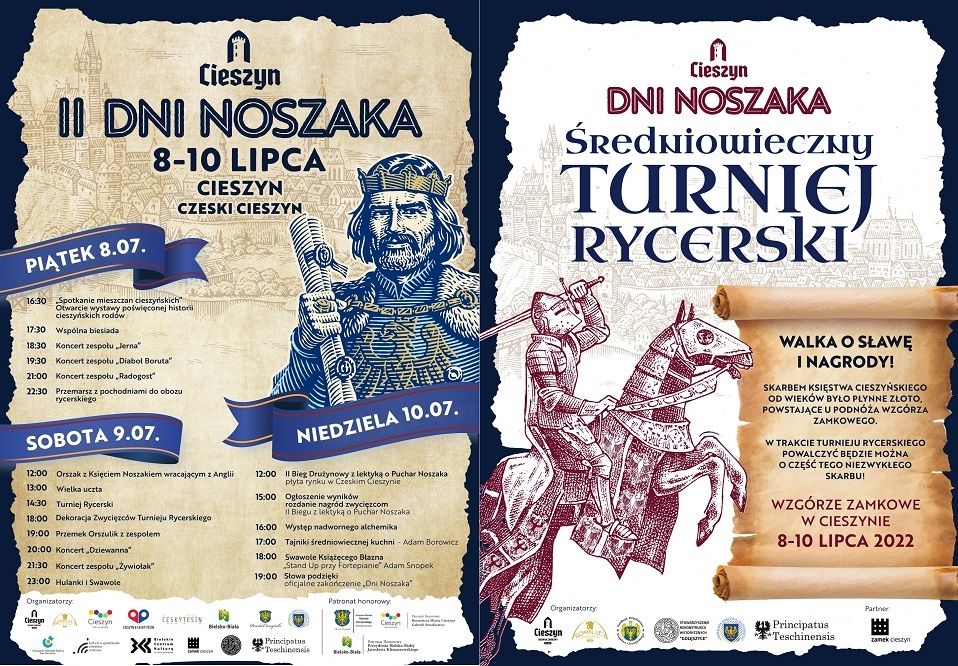 Dni Noszaka 2022. Dwuczęściowy plakat stylizowany na średniowieczny. Lewa połowa to plan trzydniowej imprezy, natomiast prawa to zaproszenie na turniej rycerski.