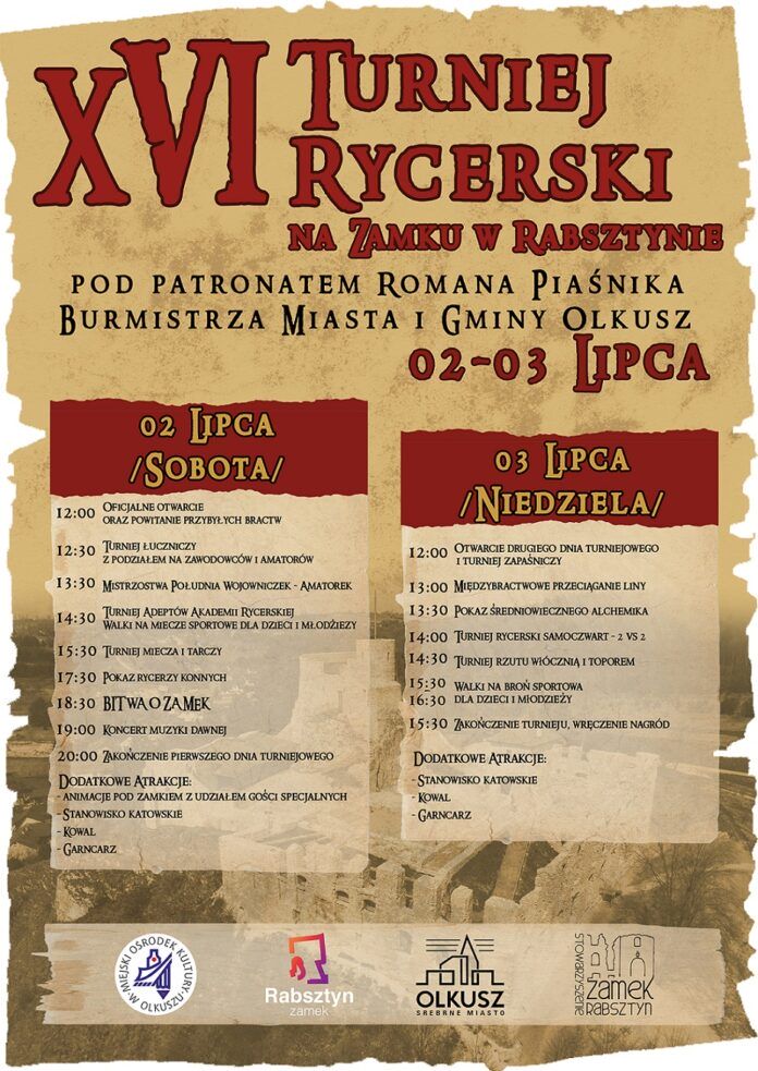 XVI Turniej Rycerski na Zamku w Rabsztynie. Plakat imprezy stylizowany na średniowieczny pergamin z królewskim edyktem.