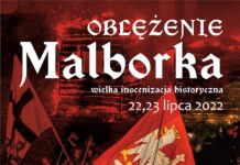 Oblężenie Malborka 2022. Plakat zapowiadający dwukrotną inscenizację oblężenia Malborka. Grafika przedstawia walczących rycerzy na tle płonących zabudowań.