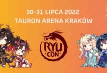 RyuCon-2022-Krakow. Plakat imprezy w kolorze pomarańczowym. po bokach postaci z japońskich manga, po środku logo RYUCON.