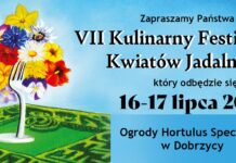 VII Kulinarny Festiwal Kwiatów Jadalnych. Proste graficznie zaproszenie na imprezę w kolorach wiosny, zieleni i błękitu. Po lewej kolorowy bukiet kwiatów.