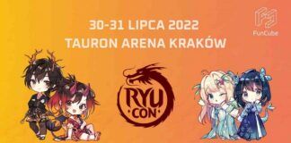 RyuCon-2022-Krakow. Plakat imprezy w kolorze pomarańczowym. po bokach postaci z japońskich manga, po środku logo RYUCON.