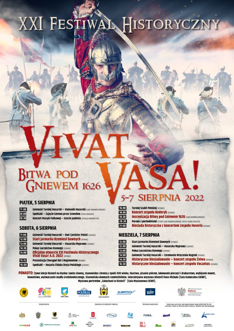 XXI Festiwal Historyczny. Plakat imprezy z rozkładem wydarzeń, w górnej części grafika przedstawiająca bitwę wojsk Polski i Szwecji. Na pierwszym planie husarz z uniesioną szablą.