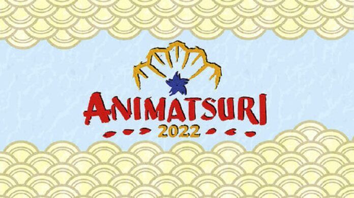 Warszawski Festiwal Kultury Japońskiej Animatsuri 2022. Bardzo oszczędny w wyrazie plakat imprezy utrzymany w odcieniach błękitu i beżu. Centralnie umieszczony stylizowany kwiat kwitnącej wiśni, który przecina napis Animatsuri 2022.