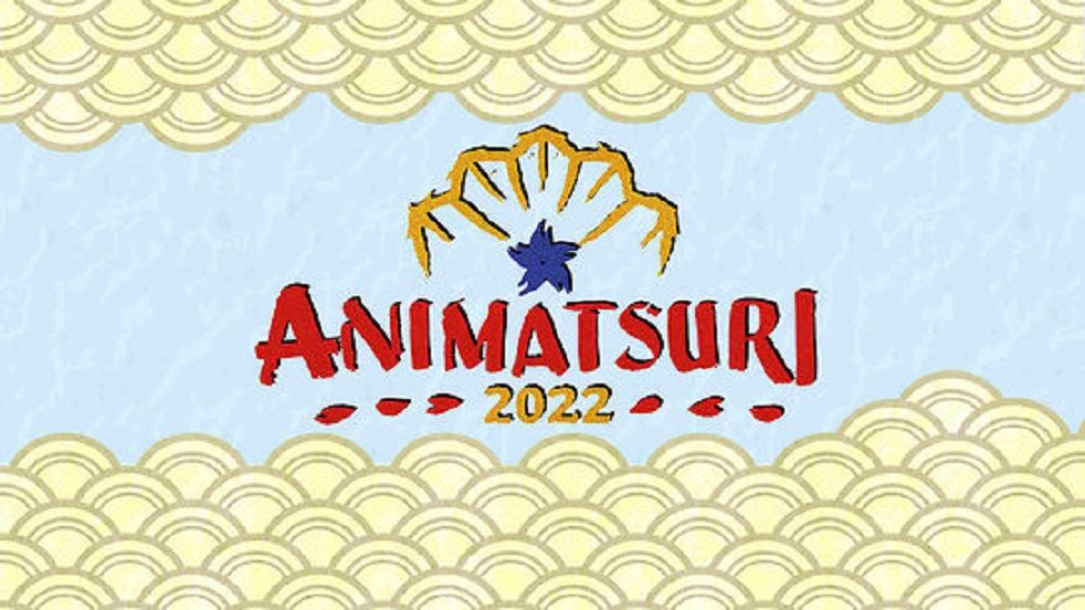 Warszawski Festiwal Kultury Japońskiej Animatsuri 2022. Bardzo oszczędny w wyrazie plakat imprezy utrzymany w odcieniach błękitu i beżu. Centralnie umieszczony stylizowany kwiat kwitnącej wiśni, który przecina napis Animatsuri 2022.
