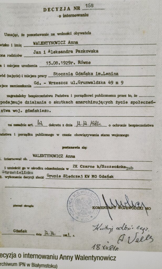 nakaz internowania Anny Walentynowicz