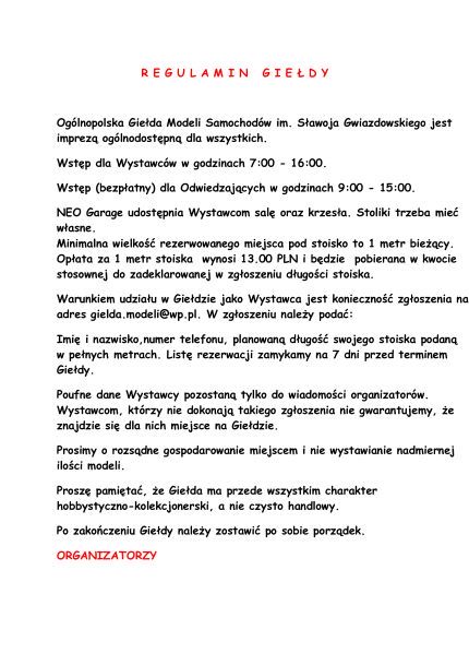 REGULAMIN GIEŁDY - Ogólnopolska Giełda Modeli Samochodów im. Sławoja Gwiazdowskiego - Warszawa 11.09.2022