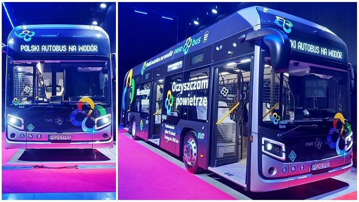 Polski autobus na wodór. Zdjęcie prezentuje NesoBus w trakcie pokazów na targach  IAA Transportation 2022 w Hanowerze.