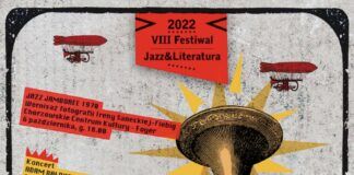 VIII Festiwal Jazz & Literatura. Plakat imprezy, graficznie w stylu produkcji Monty Pytona. Po całej powierzchni plakatu rozrzucone opisy poszczególnych wydarzeń ze wszystkimi szczegółami. W centralnej części gigantyczna trąba, która wybucha.