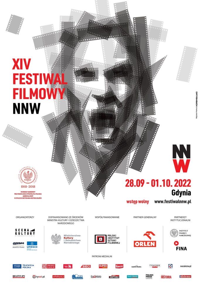 XIV Międzynarodowy Festiwal Filmowy NNW. Plakat imprezy zawierający datę, miejsce i czas festiwalu. Centralnym elementem plakatu jest szkic twarzy, krzyczącego człowieka. Grafika stworzona z pasków taśmy filmowej..