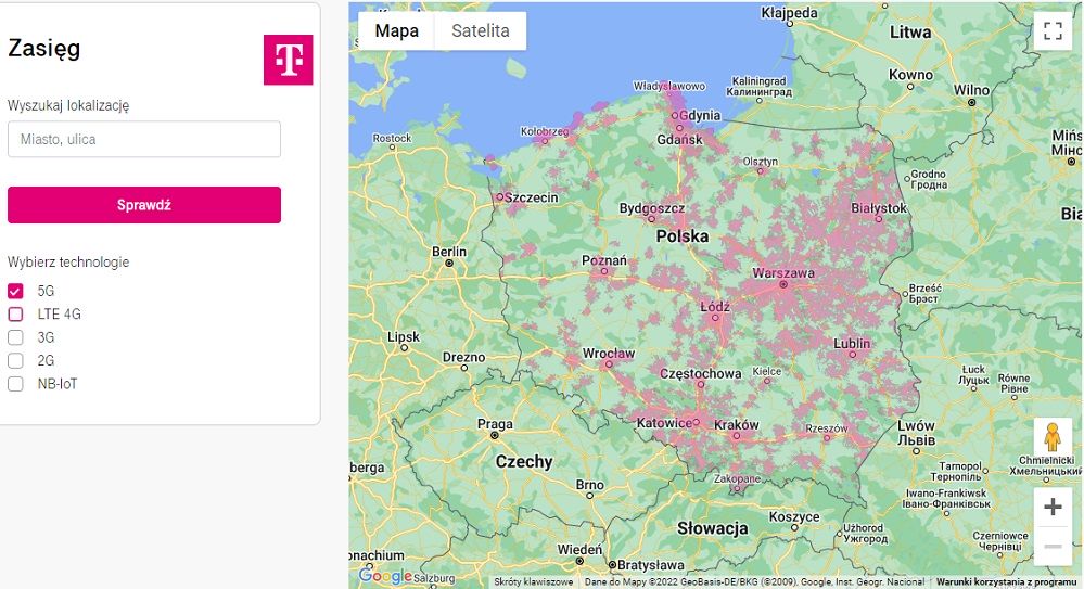 5G w Polsce. Mapa zasięgu 5G sieci T-mobile.