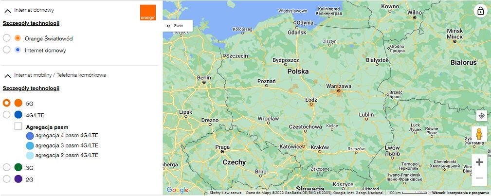 5G w Polsce. Mapa zasięgu sieci 5G Orange.