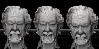 Mowa ciała - tak wygląda kłamstwo. Grafika komputerowa, na czarnym tle trzy twarze tego samego mężczyzny. Pokazują złość, uśmiech i dezaprobatę.