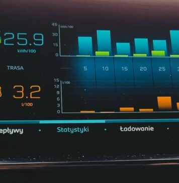 dane zużycia paliwa i energii na wyświetlaczu centralnym Peugeot 3008 HyBrid4
