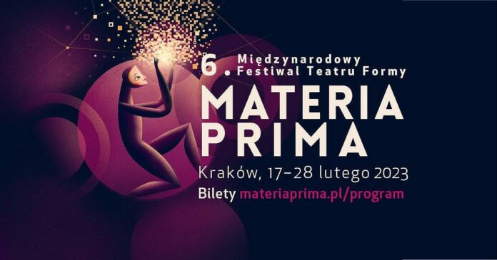 6 Festiwal MATERIA PRIMA 2023. Plakat festiwalu w odcieniach fioletu. Centralna postać W przysiadzie tonie w mroku. Plakat zawiera tytuł i datę festiwalu.