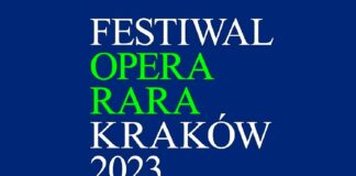 Festiwal Opera Rara Kraków Luty 2023. Granatowa plansza z umieszczoną centralnie nazwą festiwalu. Napis Opera Rara jest w siarczysto zielony, reszta w barwie białej.
