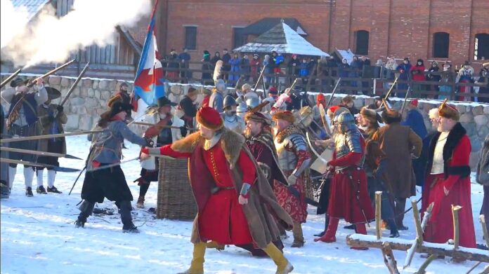 Szturm Zamku w Tykocinie. Scena batalistyczna, wojsko hetmana Sapiehy walczy wręcz z wojskiem Radziwiłłów.
