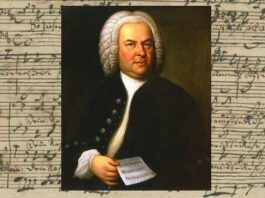27 Dni Bachowskie 2023. Na tle zapisu nutowego, centralnie umieszczony portret Jana Sebastiana Bacha.