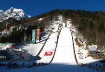 Na zdjęciu jest Bloudkova velikanka – kompleks dwóch skoczni narciarskich Czas podsumować MŚ w Planicy.