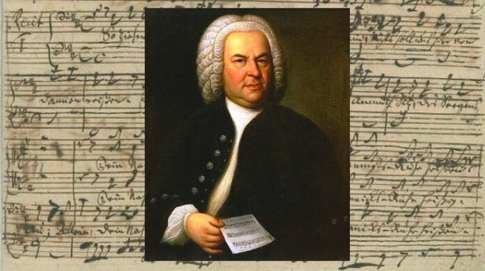 27 Dni Bachowskie 2023. Na tle zapisu nutowego, centralnie umieszczony portret Jana Sebastiana Bacha.