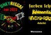 Punky Reggae live 2023. Plakat imprezy. Na czarnym tle dominują żółty, czerwony i zielony.