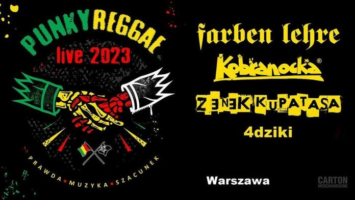 Punky Reggae live 2023. Plakat imprezy. Na czarnym tle dominują żółty, czerwony i zielony.