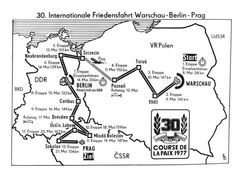 Na zdjęciu jest trasa z Warszawy, przez Berlin do Pragi. Wyścig Pokoju wyścigu kolarskiego.