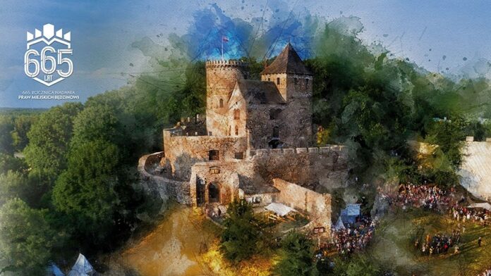 XIX TURNIEJ RYCERSKI kolorowa grafika z wyobrażeniem zamku królewskiego w Będzinie oraz wzgórzem zamkowym.