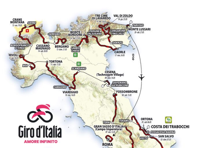 Na zdjęciu jest mapka z trasą do wyścigu Giro d’Italia 2023. Giro d’Italia 2023.