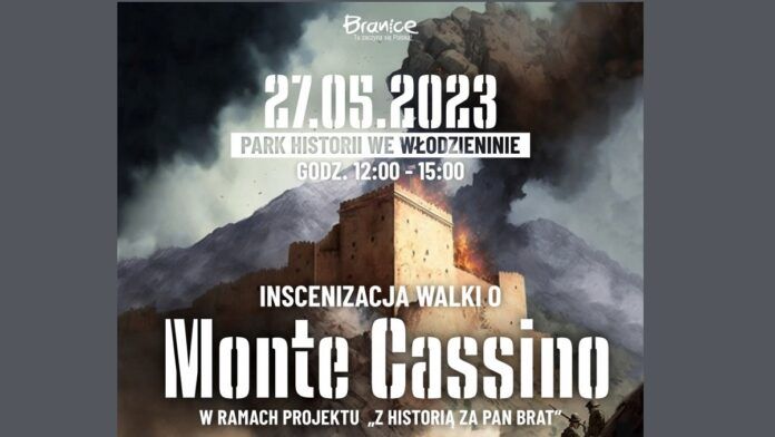 Polsko-Czeski Piknik Historyczny. Plakat a na nim, ruiny klasztoru na tle nieba zasnutego dymem.
