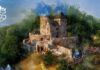 XIX TURNIEJ RYCERSKI kolorowa grafika z wyobrażeniem zamku królewskiego w Będzinie oraz wzgórzem zamkowym.