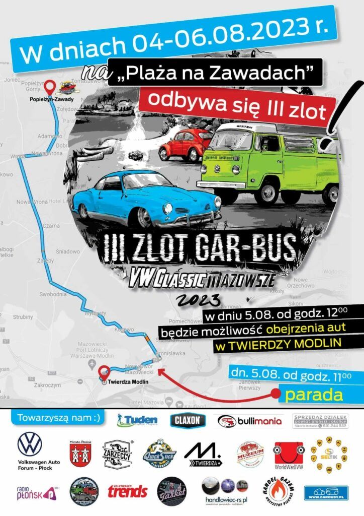 Plakat III Zlot VW Classic Mazowsze 04-06.08.2023 Popielżyn. Plaża na Zawadach