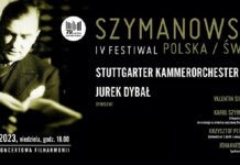 Festiwal Szymanowski Polska Świat 2023 - na czarnym tle plakatu oprócz zaproszenia, czarno-biała postać patrona filharmonii.