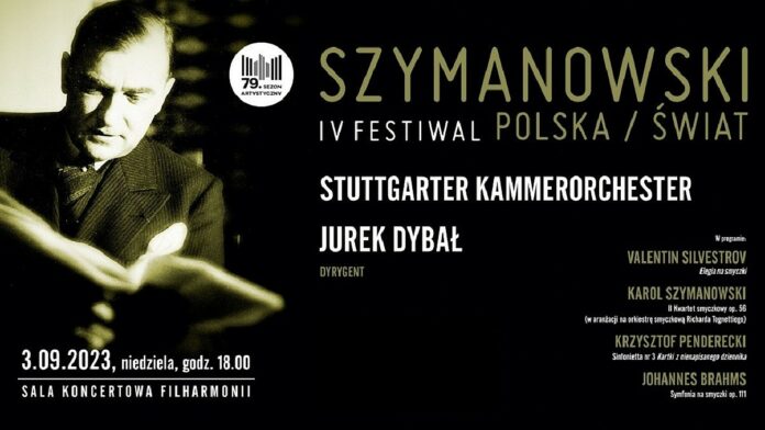 Festiwal Szymanowski Polska Świat 2023 - na czarnym tle plakatu oprócz zaproszenia, czarno-biała postać patrona filharmonii.