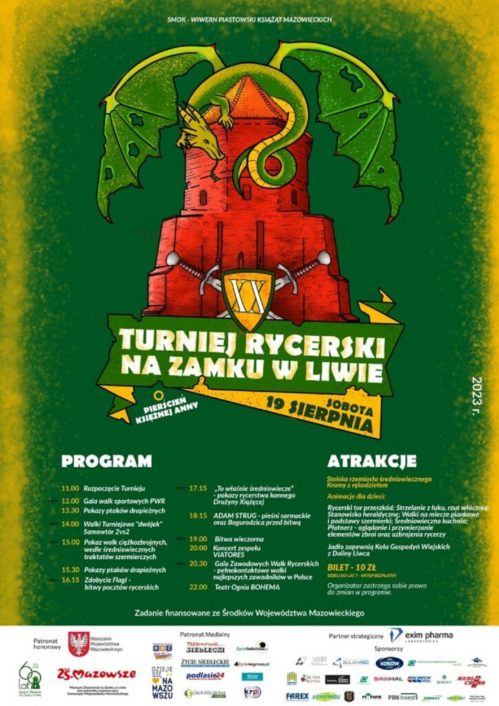 XX Turniej Rycerski o Pierścień Księżnej Anny na Zamku w Liwie - plakat imprezy wraz z programem
