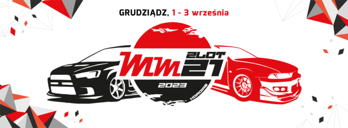 21 Zlot MitsuManiaków Grudziądz - baner klubowy z sylwetkami czarnego i czerwonego samochodu