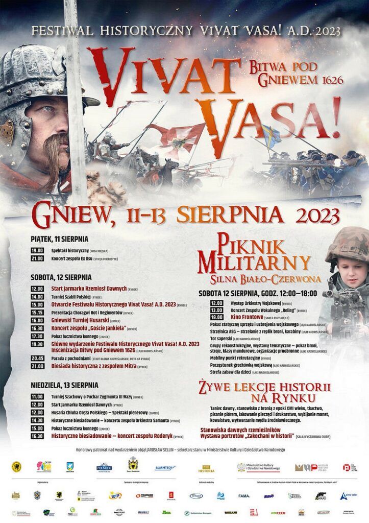 Vivat Vasa 2023 Bitwa pod Gniewem - plakat imprezy z postaciami rycerzy z XVII wieku