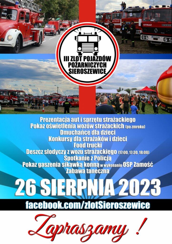 Zlot Pojazdów Pożarniczych Sieroszewice 26.08.2023 samochody strażackie plakat