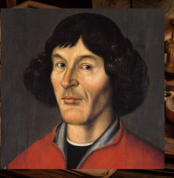 Misterium Słońca Kopernik syn renesansu - na tle starych map umieszczony portret Mikołaja Kopernika