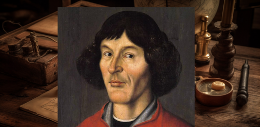 Misterium Słońca Kopernik syn renesansu - na tle starych map umieszczony portret Mikołaja Kopernika