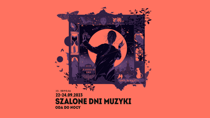 Szalone-Dni-Muzyki - zaproszenie na festiwal, na różowo-pomarańczowym tle widoczna jest sylwetka dyrygentki z warkoczem
