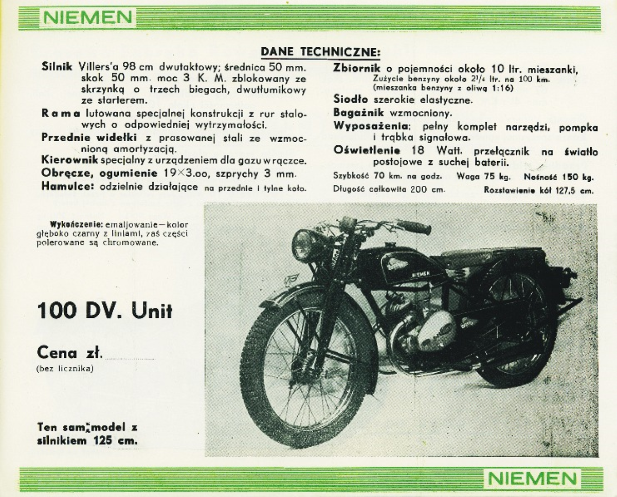 Strona z folderu reklamowego z danymi technicznymi - Motocykl Niemen 100 DV Unit