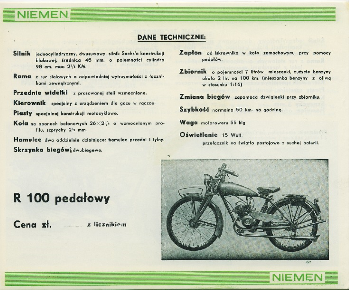 Strona z folderu reklamowego z danymi technicznymi - Motocykl Niemen R 100 pedałowy